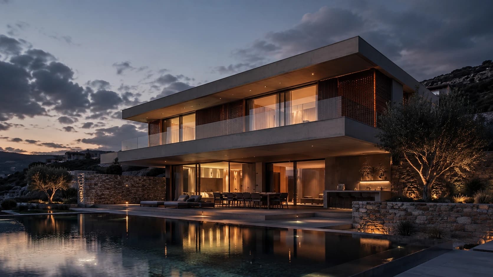 Concept visualization σύγχρονης κατοικίας με φωτισμένη γυάλινη πρόσοψη.