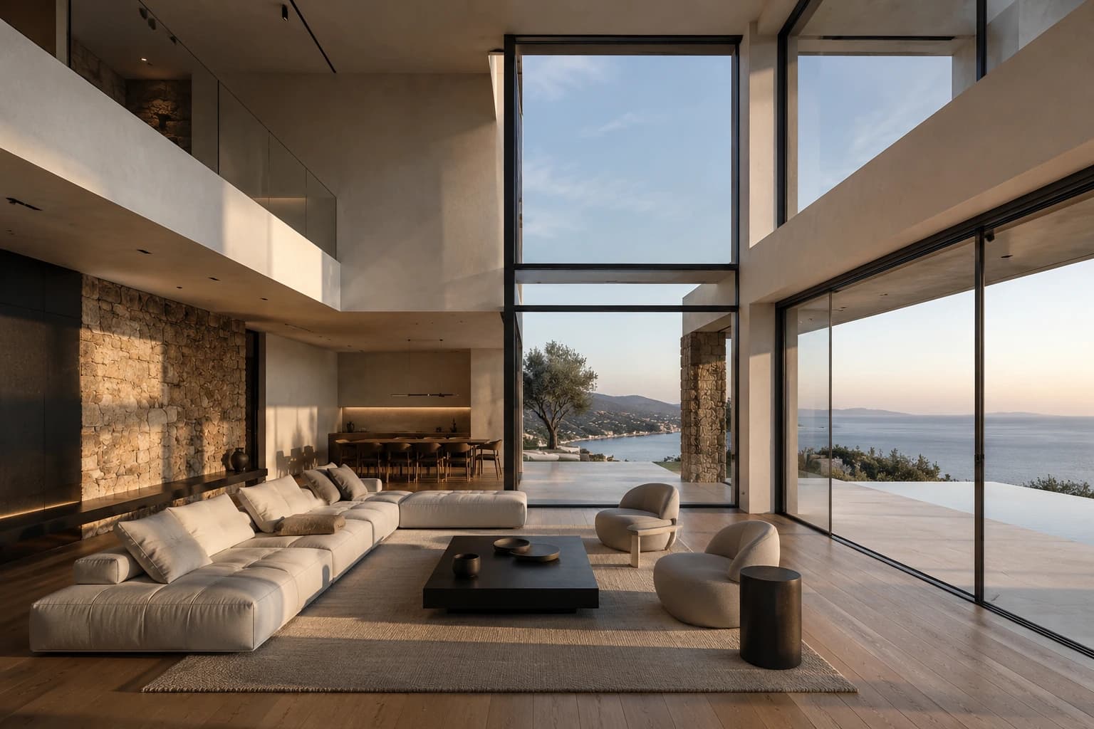 Concept visualization σύγχρονης βίλας με μεγάλες υαλόθυρες και φωτισμό δειλινού.
