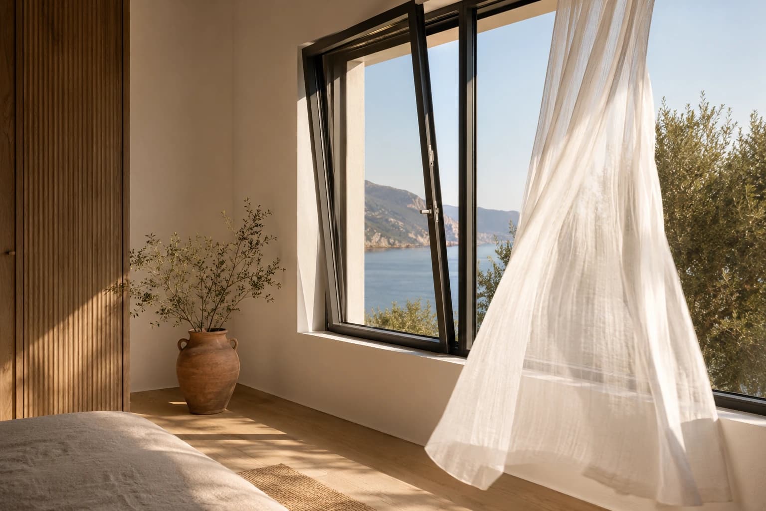 Σύγχρονος εσωτερικός χώρος με μεγάλα συρόμενα αλουμινένια κουφώματα.