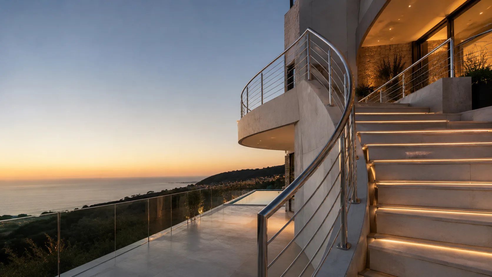 Inox κάγκελα σε ελικοειδή εξωτερική σκάλα κατοικίας